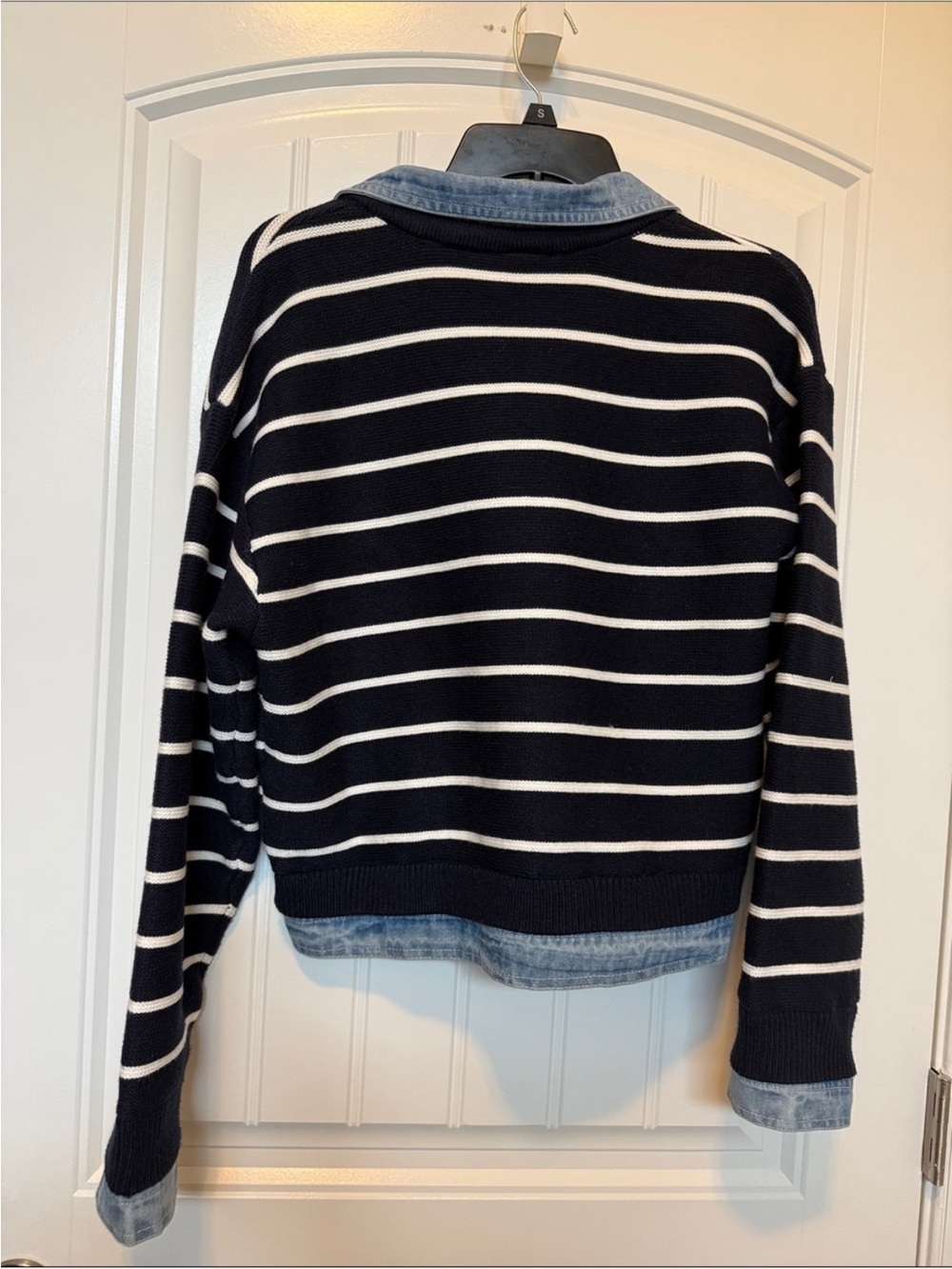 MABLE Navy and White Striped Knit Jean-Trim Jacket - Picture 4 of 8